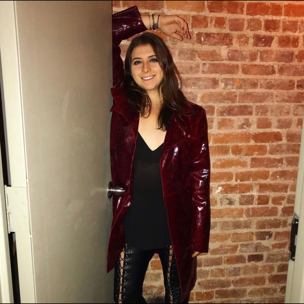 Red snakeskin leather trench coat